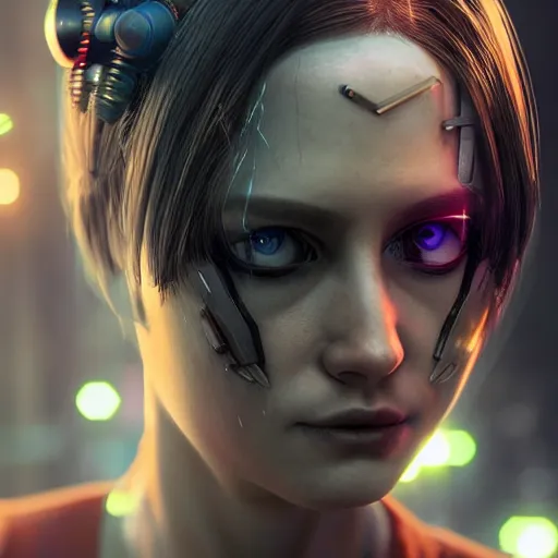Prompt: A cyberpunk portrait of a cute woman with one robotic eyes, robot, cyborg, detailed, textured, artstation, Blade Runner, Ghost in the Shell, Alita, Battle Angle, Cyberpunk 2077, Pinterest, photorealism, octane render.