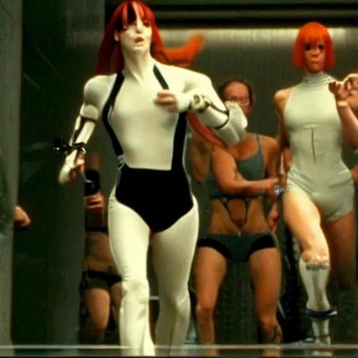 Image similar to The matrix, LeeLoo, Sprinters in a race, The Olympics footage, cinematic stillframe, french new wave, The fifth element, vintage robotics, formula 1