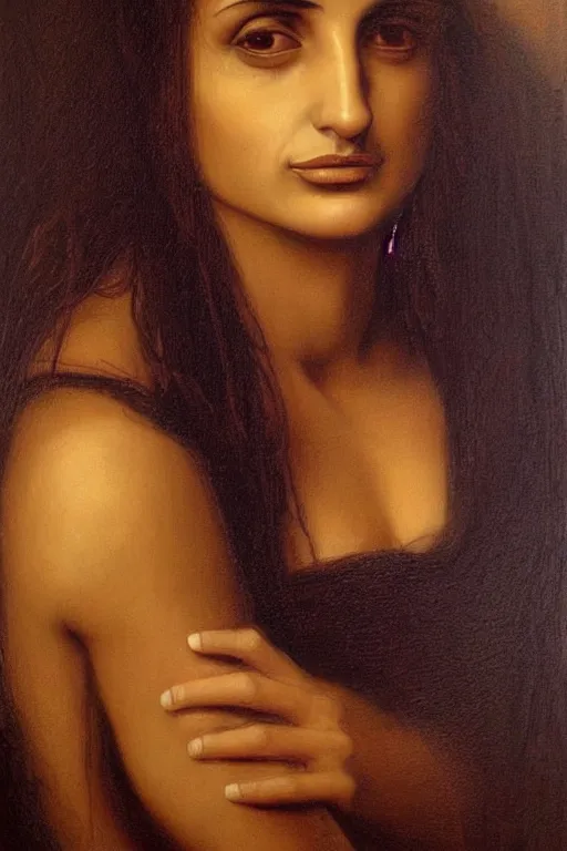 Image similar to oil painting, portrait of penelope cruz, artwork by leonardo da vinci