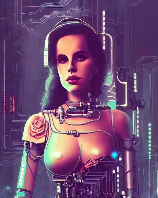 Image similar to portrait of lana del rey as a cyberpunk cyborg. roses, sci - fi, missing panels, intricate abstract, upper body, intricate artwork, by tooth wu, wlop, beeple, dan mumford. concept art, 8 k octane render, deviantart, greg rutkowski, cinematic, key art, hyperrealism, iridescent accents