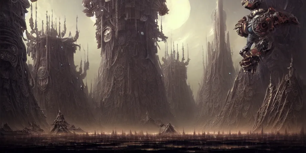 Image similar to a beautiful and insanely detailed matte painting of an advanced sprawling futuristic warrior civilization with surreal architecture designed by akihiko yoshida!, whimsical!!, epic scale, intricate details, sense of awe, warhammer 4 0. 0 0 0, elite, fantasy realism, complex layered composition!!