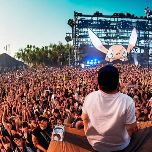 Prompt: shot over his shoulder looking into the crowd, pokemon snorlax djing on a massive stage at cochella in front of a crowd of 1 0 0 0 0 0