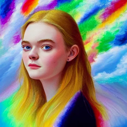 Prompt: professional painting of Elle Fanning in the style of Gabriel Dawe, head and shoulders portrait, symmetrical facial features, smooth, sharp focus, illustration, intricate, stormy weather, extremely detailed masterpiece,