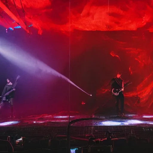 Image similar to gigantic Trent Reznor smashing guitars, group of people on stage playing instruments, elaborate stage effects, dust, smoke, giant LED screens, colored projections, ultrafine detail, cybersuit, glowing thin wires, smoke, high contrast, projections, holography, volumetric lighting