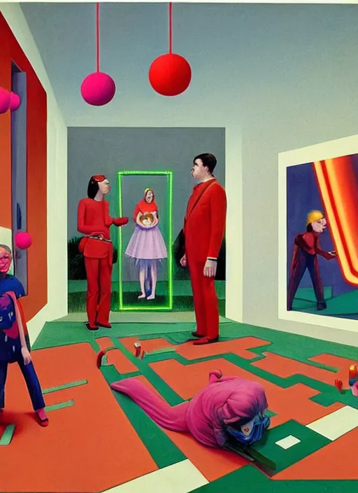 Image similar to painting of a gucci costumed family being shown how to open magic portals by a large glowing alien in their suburban living room maze, designed by gucci and wes anderson, energetic glowing orbs in the air, in the style of edward hopper, james jean, and mc. escher