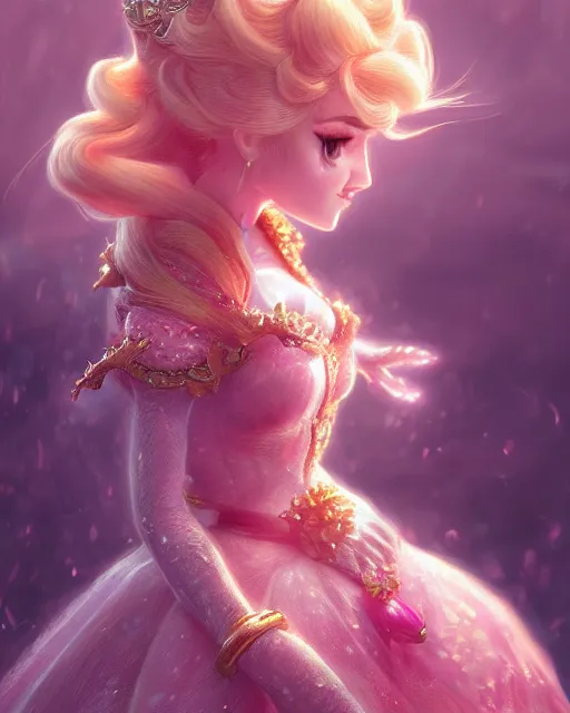 Image similar to a beautiful princess peach captured by dragon bowser, accurate details, dramatic, intricate, elegant, highly detailed, digital painting, artstation, concept art, sharp focus, illustration, art by Gustave Dore, octane render