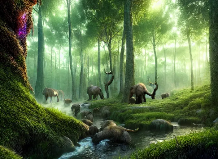 Image similar to hyperrealism, detailed textures, photorealistic 3 d render, a surreal mystical forest with a bright winding creek, a herd of wooly mammoths grazing, ultra realistic cinematic, intricate, cinematic light, concept art, illustration, art station, unreal engine