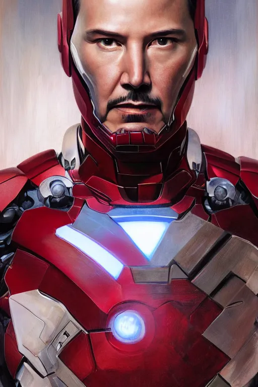 Image similar to Portrait of Keanu Reeves as Iron man, marvel, dark, intricate, highly detailed, smooth, artstation, digital illustration by Ruan Jia and Mandy Jurgens and Artgerm and Wayne Barlowe and Greg Rutkowski and Zdislav Beksinski