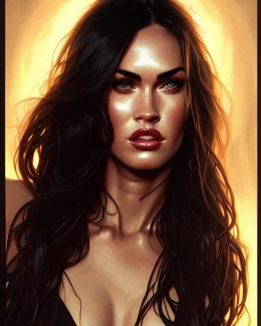 Image similar to portrait of megan fox with sultry face expression, glowing eyes, intricate, headshot, highly detailed, digital painting, artstation, concept art, sharp focus, cinematic lighting, illustration, art by artgerm and greg rutkowski, alphonse mucha, cgsociety