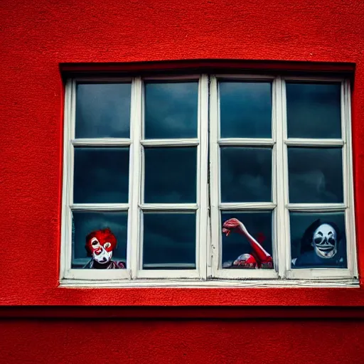 Prompt: photo of a creepy clown peering through your window