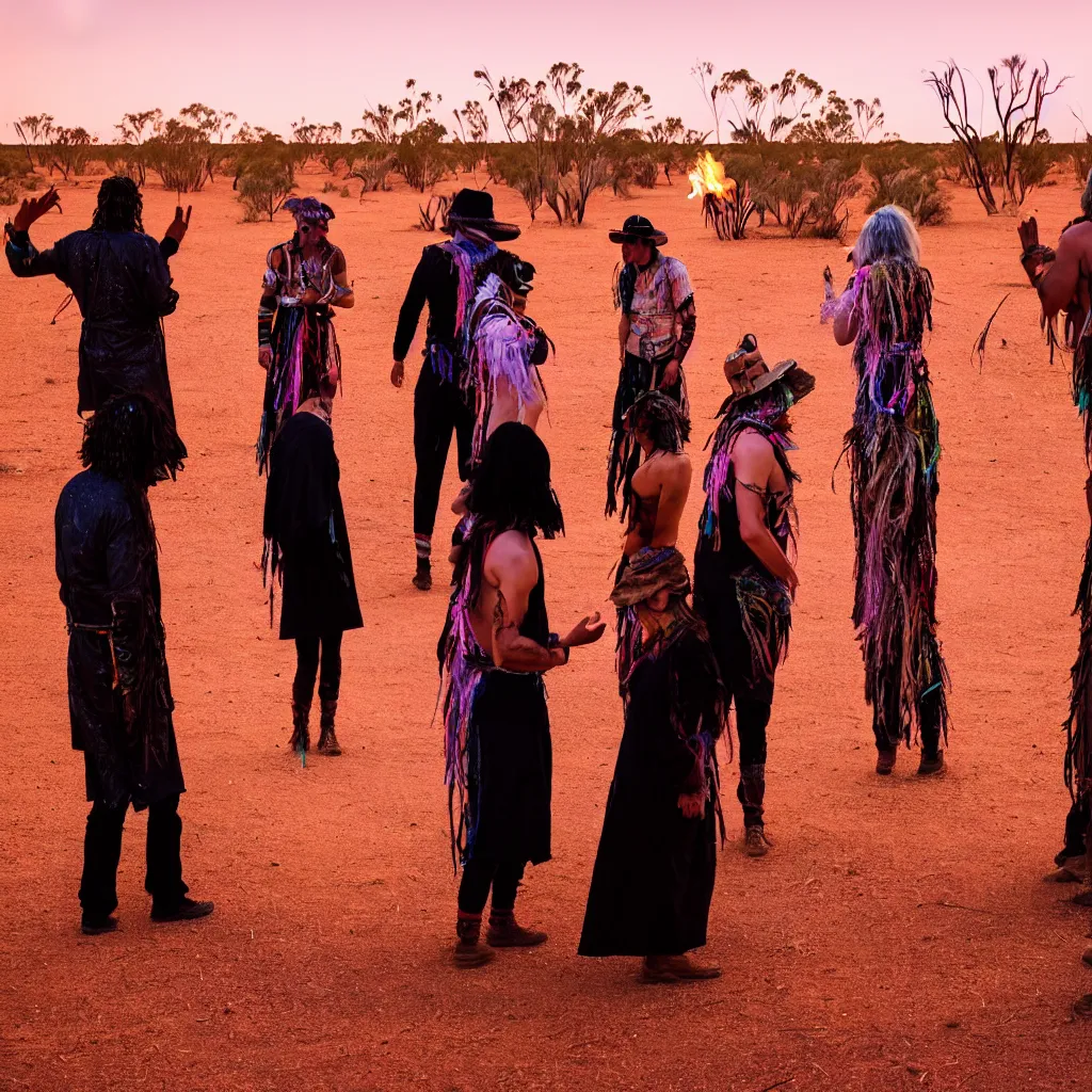 Image similar to photograph of three ravers, two men, one woman, woman is in a trenchcoat, blessing the soil at night, seen from behind, talking around a fire, two aboriginal elders, dancefloor kismet, diverse costumes, clean composition, desert transition area, bonfire, starry night, australian desert, symmetry, sony a 7 r