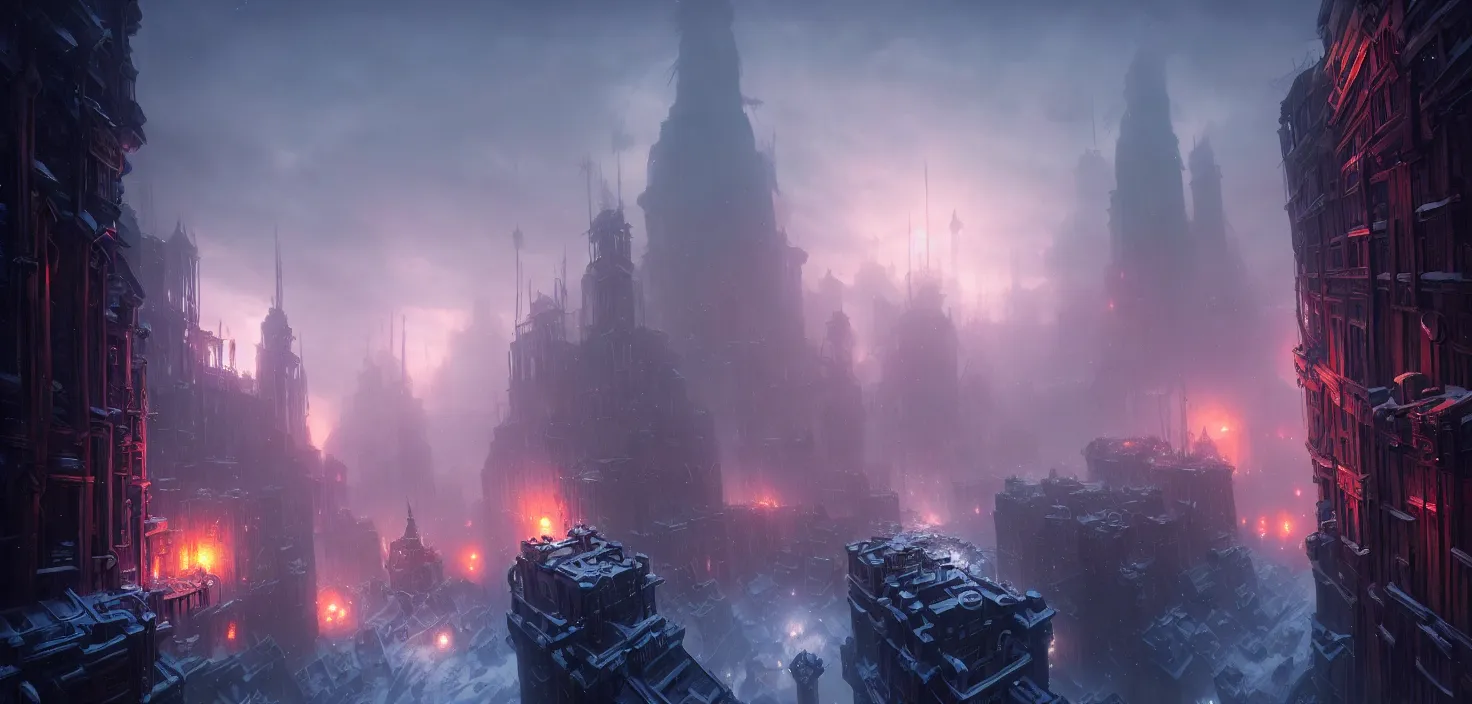 Image similar to frostpunk portal city, cinematic view, epic sky, no people, detailed, concept art, high detail, warm lighting, volumetric, godrays, vivid, beautiful, trending on artstation, by jordan grimmer, huge scene, art greg rutkowski