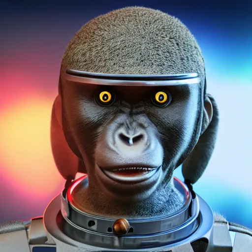 Prompt: portrait holder of monkey android astronaut, with robotic parts on his face, rendering unreal engine 5, cinematography