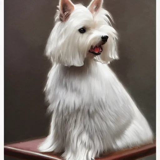 Prompt: white yorkshire terrier sitting on throne, cats sitting around throne, portrait art by donato giancola and greg rutkowski, realistic face, digital art, trending on artstation, symmetry