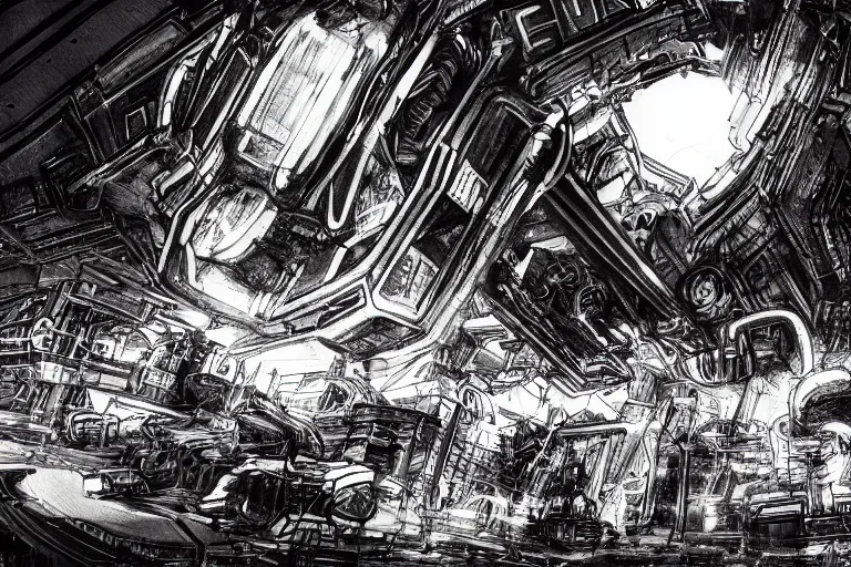 Image similar to ''robotic giant machines, chaotic atmosphere, blurry, cinematic, drawing''