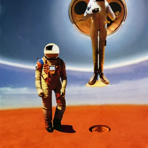 Image similar to surreal art of steed standing on astronaut that standing on all fours
