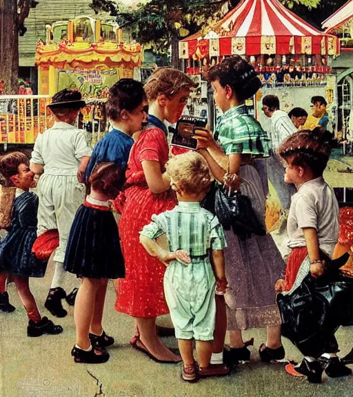 Prompt: kids wandering through a carnival, all ignoring the rides and playing on their phones instead, by Norman Rockwell 🖼-W 1024