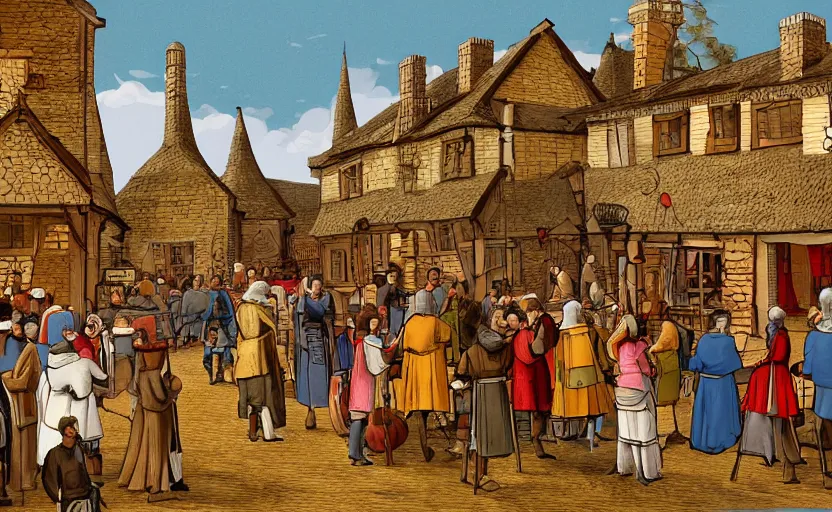 Prompt: central square of a medieval village, busy scene with lots of people engaged in trading various goods and services appropriate for the time. a beautiful digital illustration.