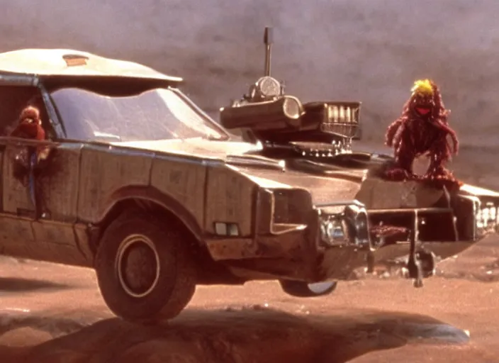 Image similar to scene from the 1979 science fiction film Muppet Mad Max