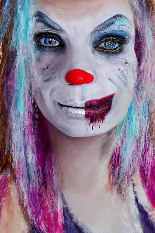 Prompt: detailed painting of a pale clown girl with messy make up