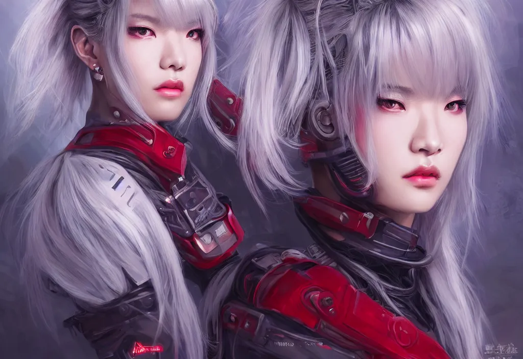 Image similar to portrait devine medium grey hair of futuristic police girl, lisa blackpink wearings red armored uniform, at futuristic cyberpunk tokyo night, ssci - fi and fantasy, intricate and very very very beautiful, highly detailed, digital painting, artstation, concept art, smooth and sharp focus, illustration, art by tian zi and wlop and alphonse mucha