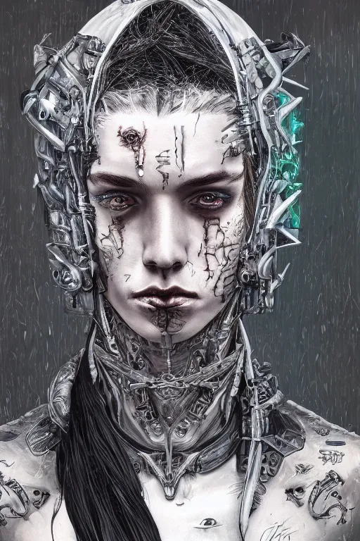 Image similar to portrait of beautiful young gothic man, warhammer, a lot of scars, readhead, the future ages, cyberpunk, highly detailed, artstation, illustration, art by tristan eaton, 8 k quality