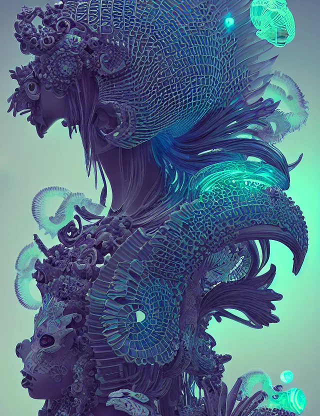 Image similar to 3 d goddess close - up profile solarpunk portrait ram skull. beautiful intricately detailed japanese crow kitsune mask and clasical japanese kimono. betta fish, jellyfish phoenix, bio luminescent, plasma, ice, water, wind, creature, artwork by tooth wu and wlop and beeple and greg rutkowski