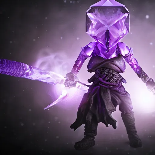 Prompt: Abyss Watcher, Purple Crystals, Mystic Creature, Light fog, purple glowing complex crystal head, black sword with purple flames, raytracing, 40nm lens, shallow depth of field, split lighting, 4k,