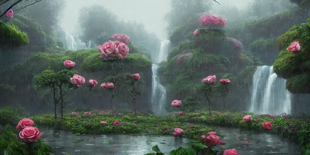 Image similar to a rainy scene a manicured garden matte painting with roses, trees, and a waterfall abandoned for 1 0 years art station, digital art, simon stalenhag