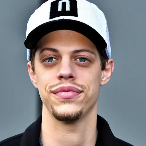 Image similar to pete davidson with a mustache and a black baseball hat, closeup photo