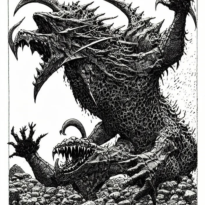 Image similar to オクタロック spitting rocks, as a d & d monster, pen - and - ink illustration, etching, by russ nicholson, david a trampier, larry elmore, 1 9 8 1, hq scan, intricate details, high contrast