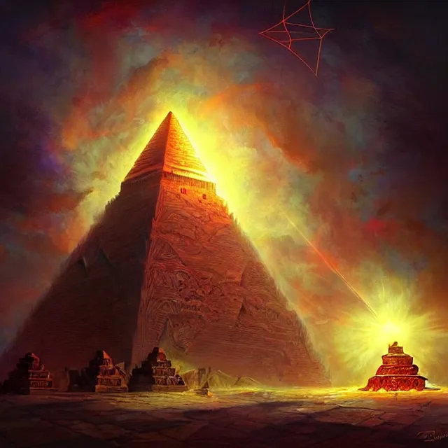 Image similar to the illuminati eye opening up from an orb above a pyramid, atmospheric lighting, intricate, volumetric lighting, beautiful, sharp focus, ultra detailed, in the art style of marc simonetti, bowater charlie and brom gerald, astrophotography