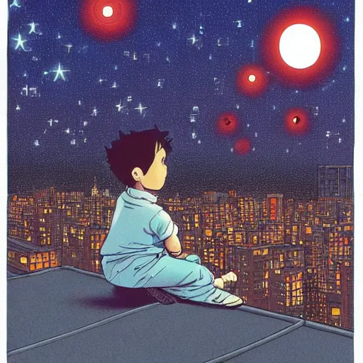 Prompt: a kid in a big city, sits on rooftop, watches a beautiful night full of stars and tech buildings, by satoshi kon and basil gogos