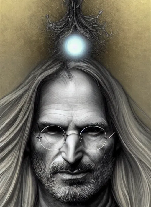 Prompt: portrait of steve jobs, white glowing eyes, silver shaggy hair, cloak, ethereal wings, male, fantasy, extremely detailed, digital painting, artstation, concept art, smooth, sharp focus, illustration, stunning lighting, art by artgerm and alphonse mucha and simon stalenhag, realistic character concept, high fantasy, light atmosphere, golden ratio, cinematic lighting