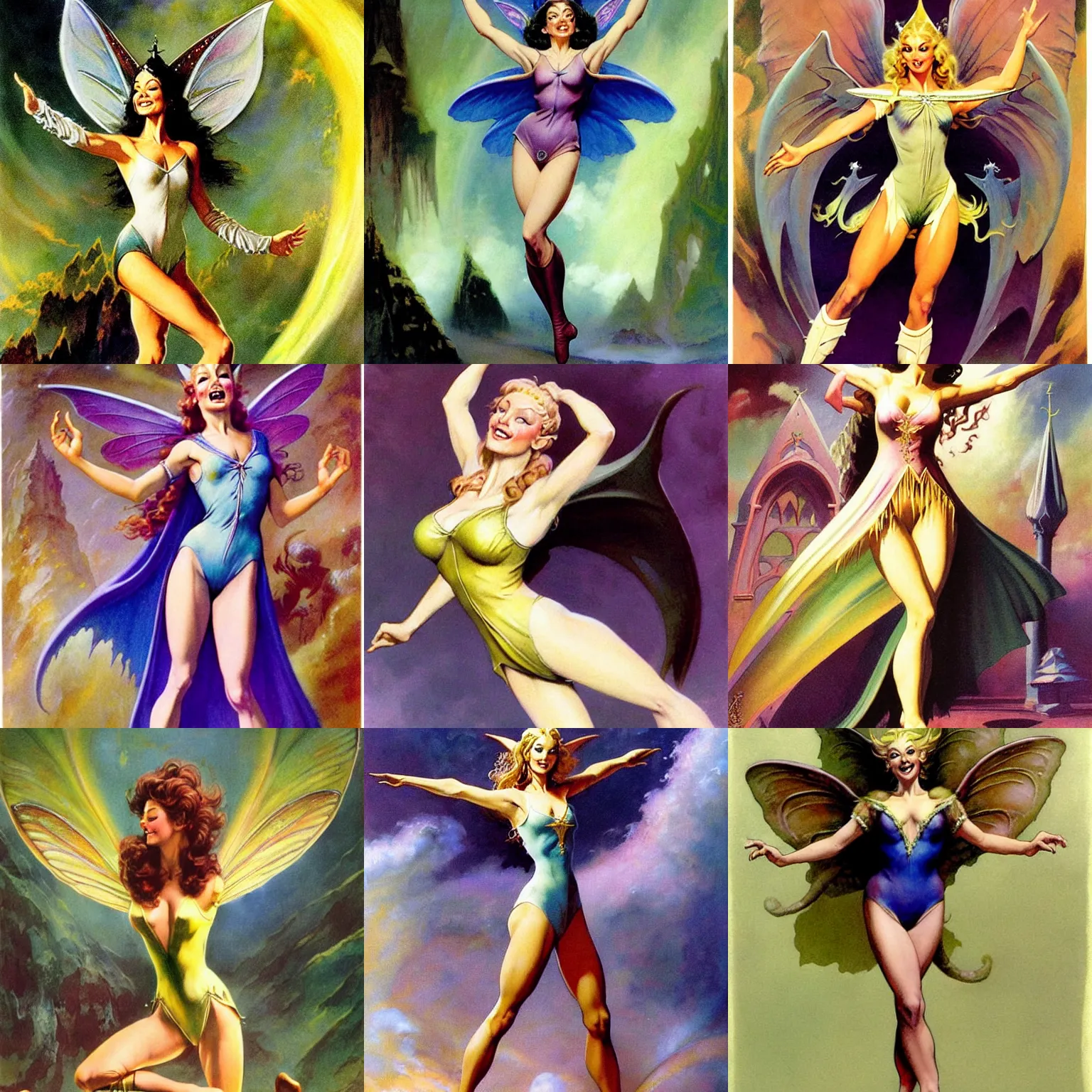 Prompt: Worksafe. Fully clothed. Heavenly gentle saint high elven sorceress fairy princess goddess queen,wearing leotard,expressing joy,at hall. By Frank Frazetta and Boris Vallejo.