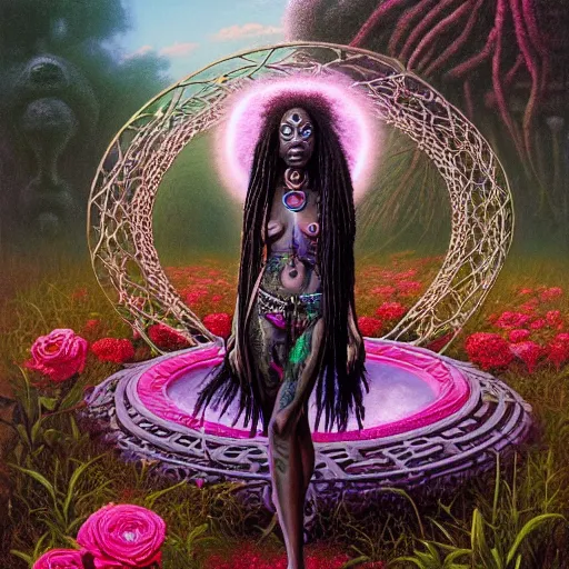 Prompt: a masterpiece wide angle portrait of a voodoo priestess with dreadlocks emerging from a steampunk stargate in a rose garden with a pink reflective pool, by Zdzislaw Beksinski and greg rutkowski and android jones and thomas kinkade in a surreal portrait style, oil on canvas, 8k, hd,