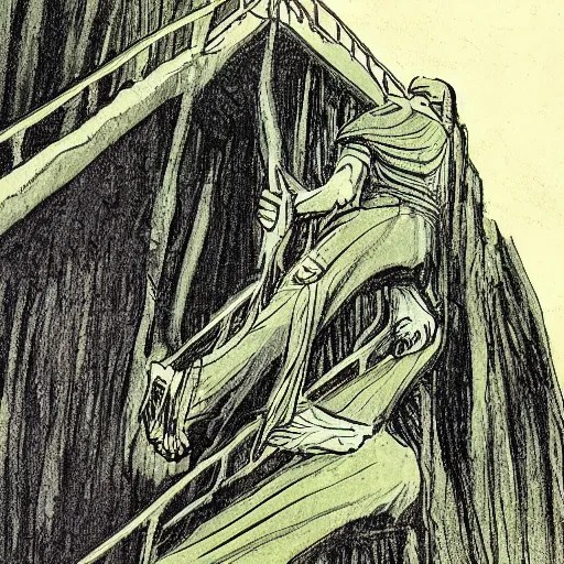 Image similar to frodo and gollum climbing the stairs of cirith ungol