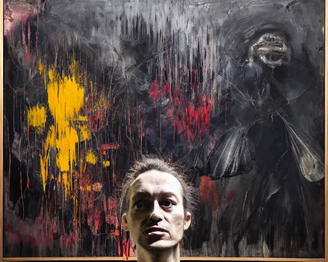 Prompt: dark smoky figure standing in gallery of art, a brutalist designed, rich deep vivid colours, broad brush strokes!, painted by francis bacon, michal mraz, adrian ghenie, nicola samori, james jean!!! and petra cortright, part by gerhard richter, part by takato yamamoto. 8 k masterpiece.