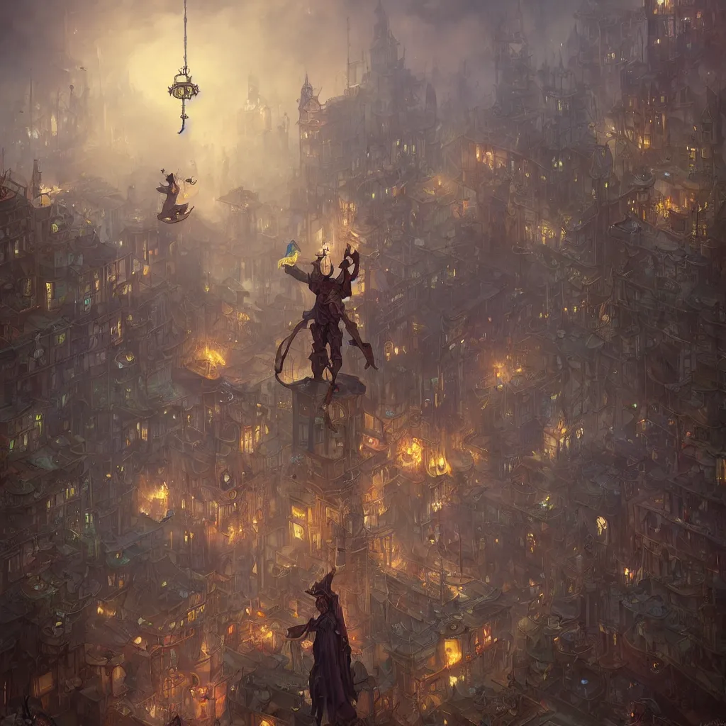 Image similar to tarot the fool standing in a steampunk city by peter mohrbacher and dan mumford and nekro, cgsociety, volumetric light, 3 d render