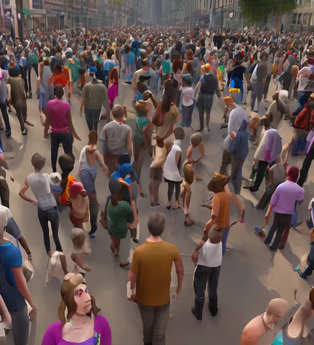 Image similar to crowds on the street have puppet's line on theirs bodies. concept art, unreal engine 5, maya