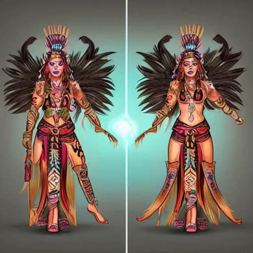 Image similar to character design, aztec warrior goddess with beautiful woman face, crown of very long feathers, full body, glowing aztec tattoos, beautiful, dark fantasy