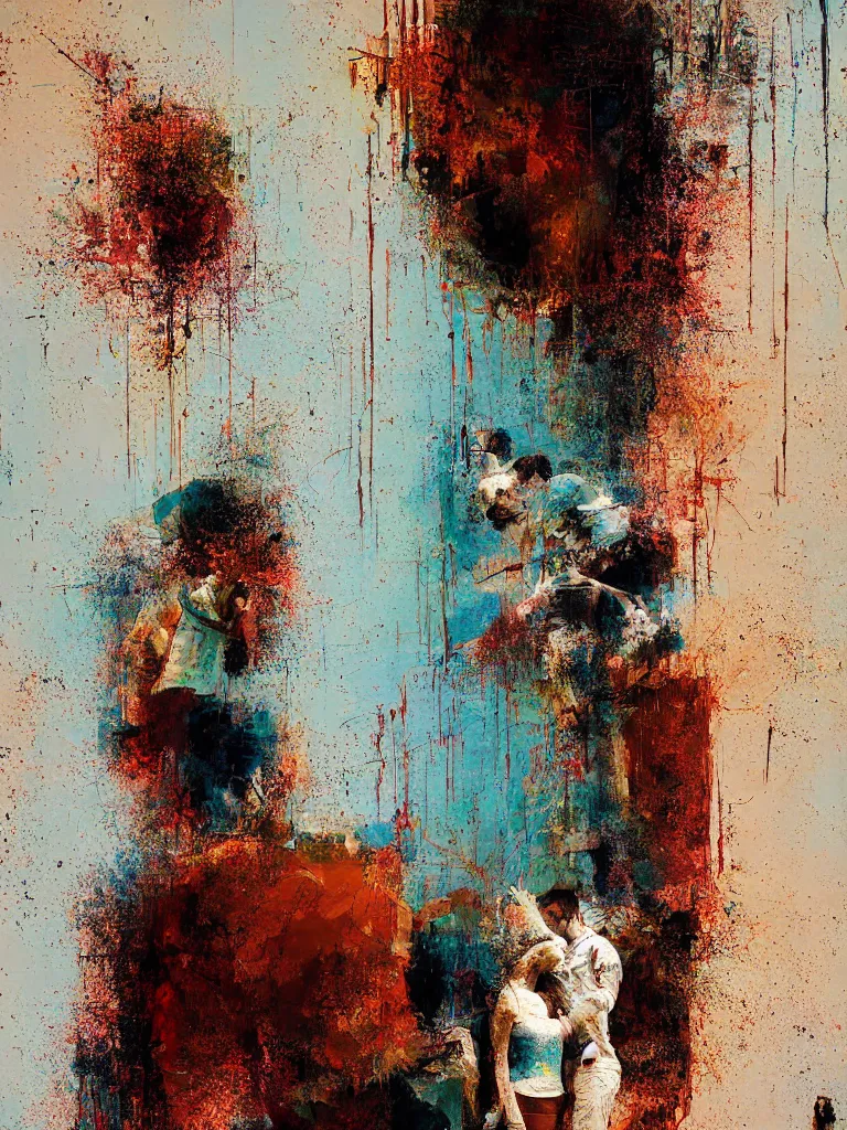 Image similar to a beautiful painting by nick runge of a couple in front of a mirror in a glitched bathroom, metal rust and plaster materials, pixel sorting, color bleeding, brushstrokes by jeremy mann