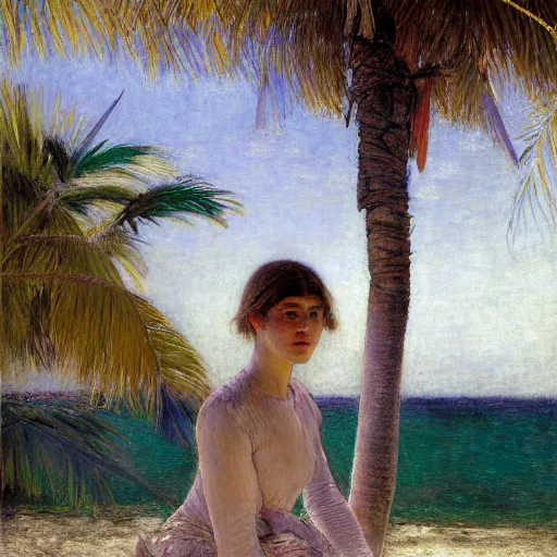 Image similar to a ultradetailed beautiful painting of a girl in the amazonas palace designed by jules bastien - lepage, hans belmer, frank weston and gustave baumann, beach, trending on artstation, mediterranean, palm trees, light sparkles, sharp focus, soft light, 8 k 4 k