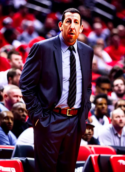 Image similar to film still of adam sandler as the head coach of the toronto raptors, portrait, photo, hyper detailed, dramatic, cinematic, 1 6 k