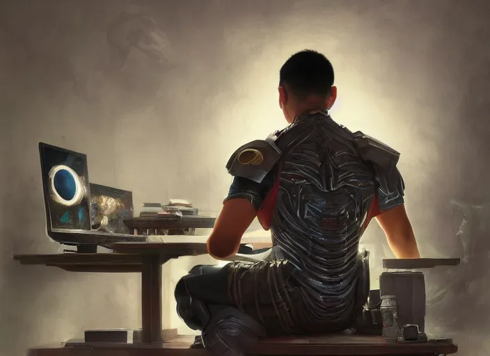 Image similar to an insanely detailed painting of an asian man wearing a homemade superhero costume, sitting at a desk, staring seriously at the computer and typing, in the style of peter mohrbacher, dramatic lighting and composition, surreal background, octane render, pixar, trending on artstation, concept art, comic book, view from behind, 8 k