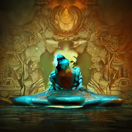 Image similar to beautiful symmetrical an old silent pond frog jumps into the pond splash! silence again, surrounded by machine axonometric fantasy intricate elegant highly detailed in volumetric void of latent space lush flowers surround, realm of the gods golden turquoise steampunk, high contrast cinematic light, mystical shadows, octane render, photographic, concept art, art high renaissance art, unreal engine 8 k