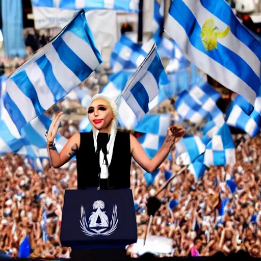 Image similar to Lady Gaga as president, Argentina presidential rally, Argentine flags behind, bokeh, giving a speech, detailed face, Argentina