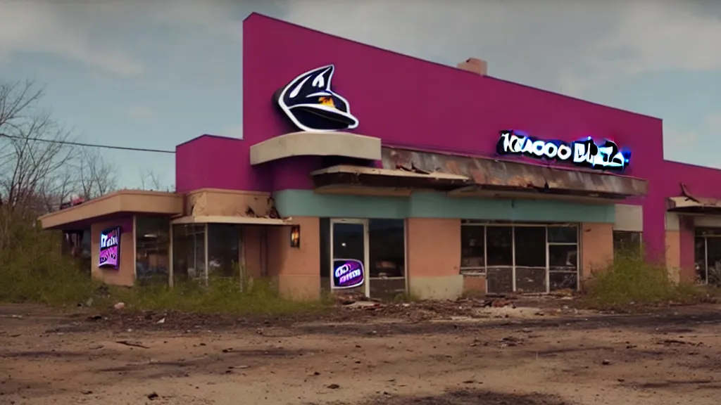 Prompt: Beautiful Kodachrome 35mm footage of a 90s Taco Bell restaurant abandoned apocalypse with nature reclaiming overgrowth, atmospheric, volumetric lighting, 4k-s 100