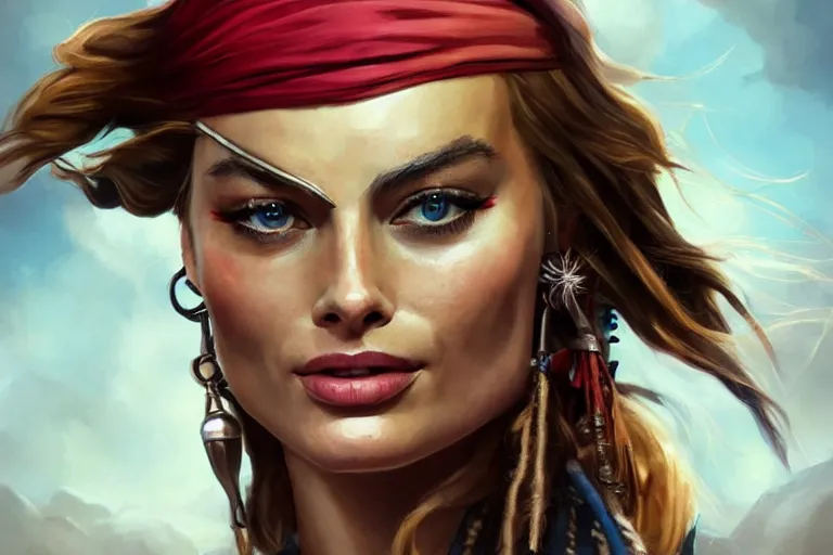 Image similar to beautiful portrait photo of Margot Robbie as Jack Sparrow pirate, elegant, sun shines in the sky, blood in the seahighly, dramatic lighting, detailed, digital painting, artstation, concept art, smooth, sharp focus, illustration, art by artgerm