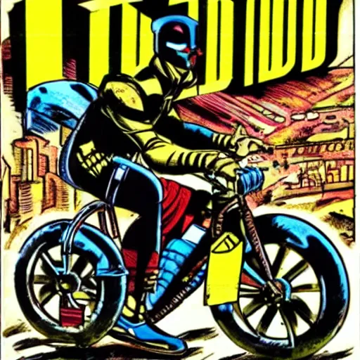 Image similar to judge dredd riding a bicycle in style of futurism